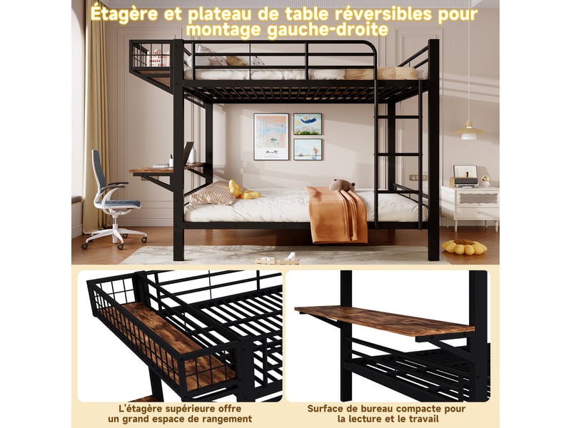 Lit superposé 4 places 140 x 200 cm avec bureau et rangement ouvert montables à gauche ou à droite, lit double en métal noir avec garde-corps - Conforama E