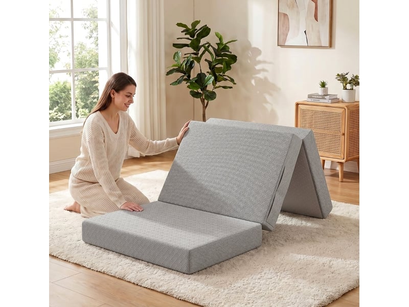 Matelas pliant 90 x 200 cm gris clair, mousse gel à mémoire 15 cm, housse lavable et dessous antidérapant - Conforama B
