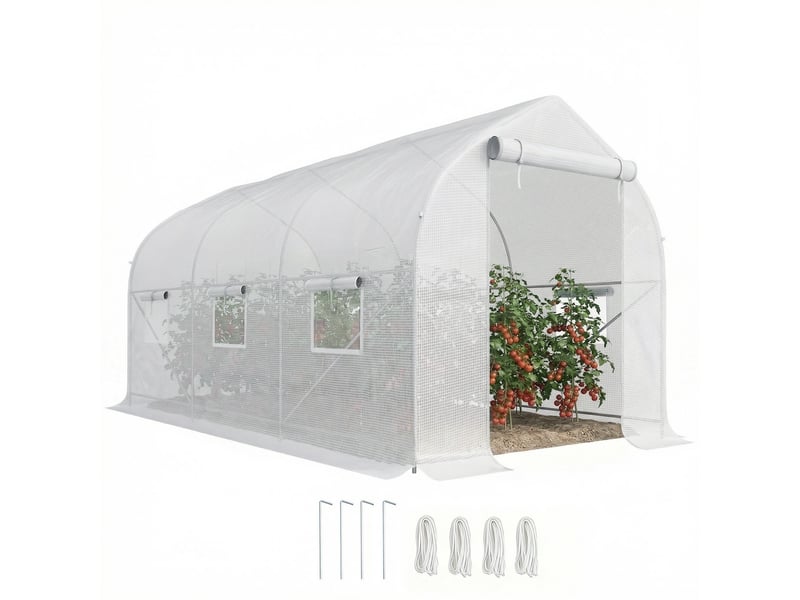 Serre tunnel anti-uv avec 6 fenêtres en filet et entrée enroulable, en métal et pe, 4 x 2 x 2 m, blanche - Conforama A