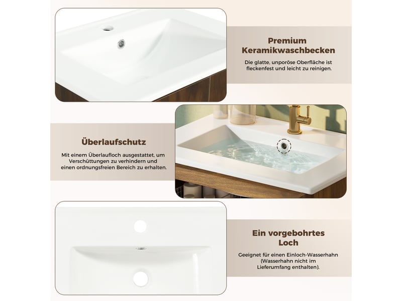 Meuble sous-vasque sur pieds 61 cm noyer, céramique et mdf, portes en rotin, étagères fixes et fermeture douce - Conforama D