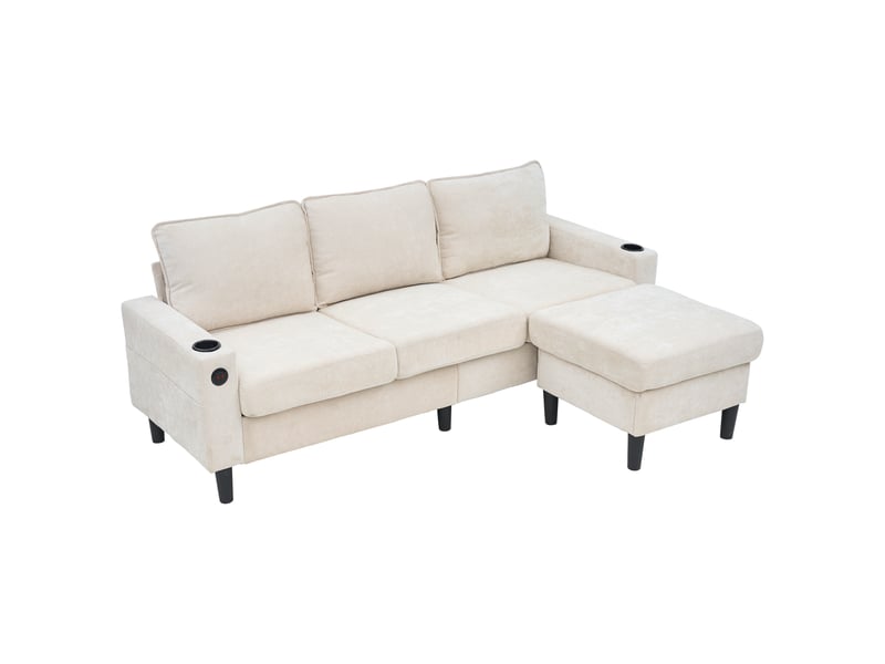  Canapé d'angle beige en lin, canapé 3 places en l avec port usb, type-c et porte-gobelets, idéal pour salon et appartement  - Conforama A
