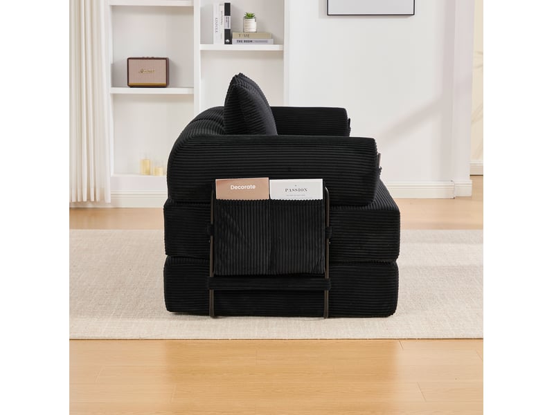 Canapé droit modulable 3 places en velours côtelé noir avec 3 coussins et poche latérale pour le salon - Conforama D