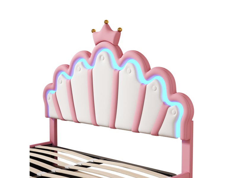  Lit coffre double 200×140 cm avec éclairage led réglable, tête de lit couronnée, en simili cuir rose  - Conforama E