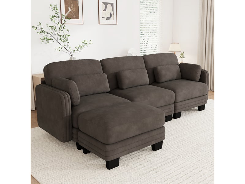 Canapé d’angle modulable 253 cm 3 places avec pouf, coussins d’accoudoir amovibles, coussins lombaires épais à soutien renforcé, chenille, brun café - Conforama B