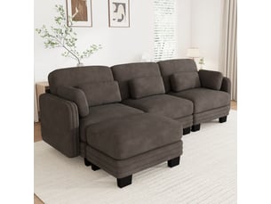 Canapé d’angle modulable 253 cm 3 places avec pouf, coussins d’accoudoir amovibles, coussins lombaires épais à soutien renforcé, chenille, brun café