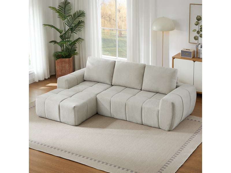  Canapé d'angle en velours côtelé avec coussins amovibles 4 places beige sans montage  - Conforama D
