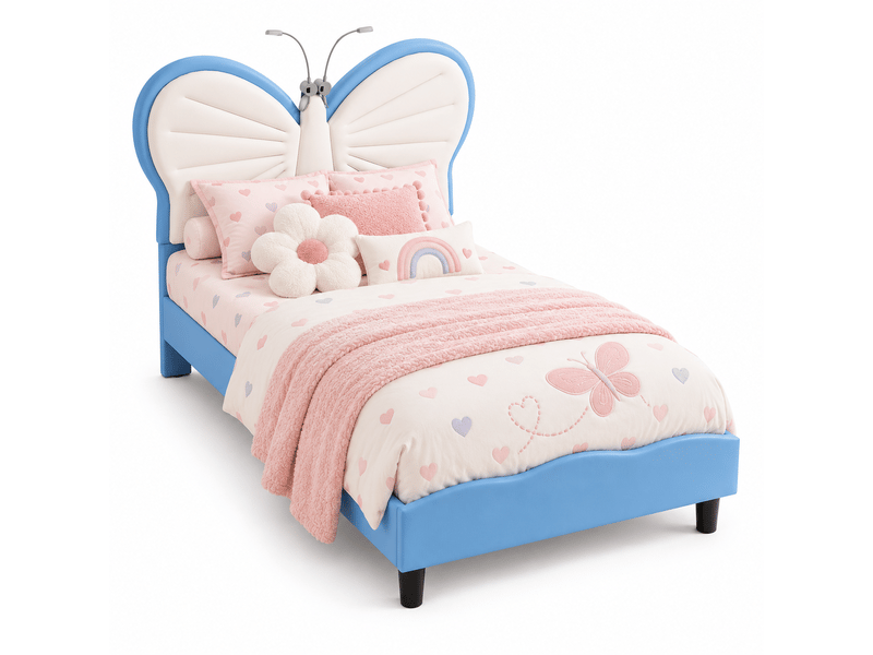  Lit enfant pour une fille 90x200 - sommier à lattes + liseuse + dossier rembourré - tête de lit réglable - 1 personne - lit fille 90x200cm avec led - lit enfant rembourré avec sommier à lattes - tête de lit réglable en papillon …  - Conforama A