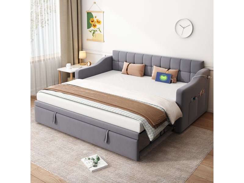  Canapé-lit convertible 90/180x190 cm, velours gris, ports usb, sans matelas  - Conforama B