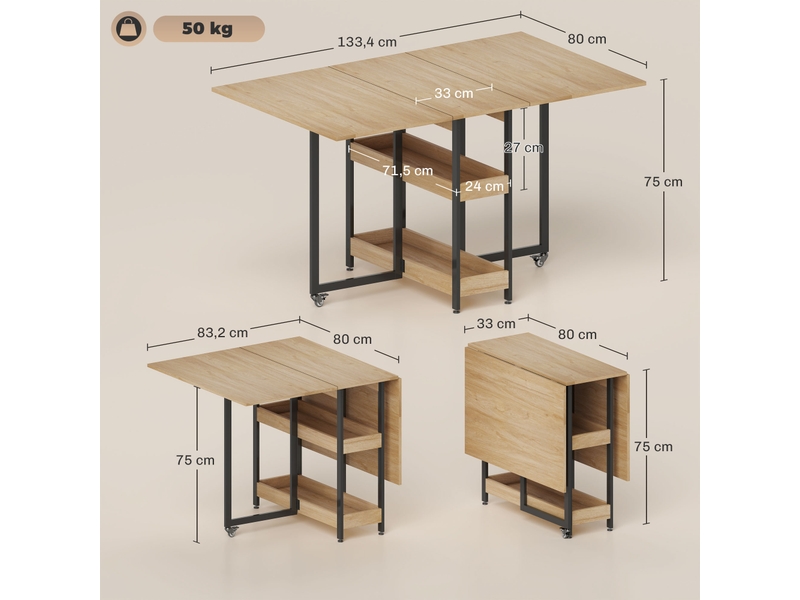  Table à manger pliante sur roulettes 4 personnes avec compartiments ouverts, pour petits espaces, salle à manger, chêne  - Conforama E