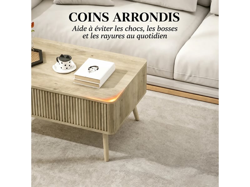  Table basse à plateau relevable avec compartiments de rangement cachés, table de salon moderne couleur chêne, 91x56 cm  - Conforama D