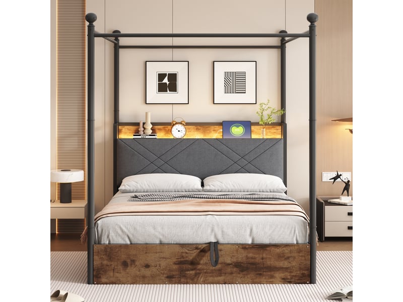  Lit coffre 140x190cm - lit double  140x190cm  - avec éclairage led rgb connecté - ports usb &amp; type-c - métal &amp; bois - noir  - Conforama D