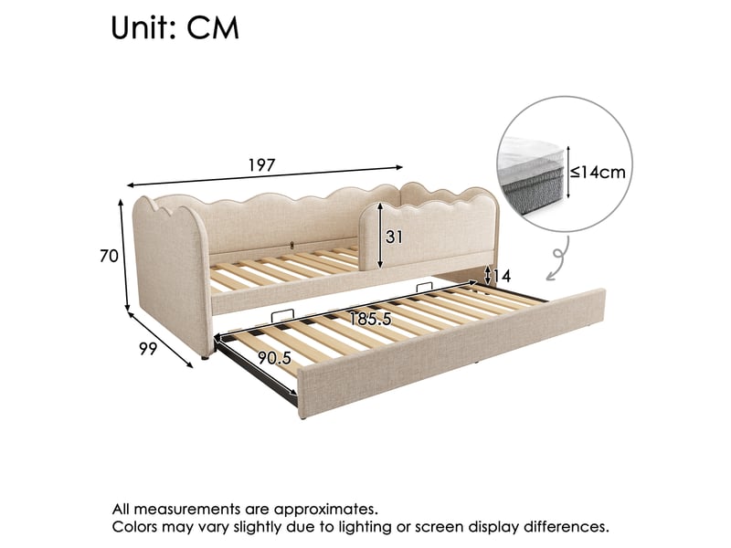  Modenvie lit gigogne enfant 90x190 cm - avec lit gigogne, dossier rembourré, sans matelas - beige  - Conforama C