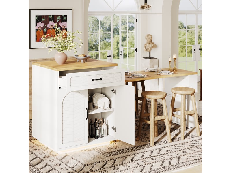 Îlot de cuisine avec table extensible blanc, éclairage led, 2 tiroirs, 4 portes, mdf et métal, 80x70x95.5 cm - Conforama C