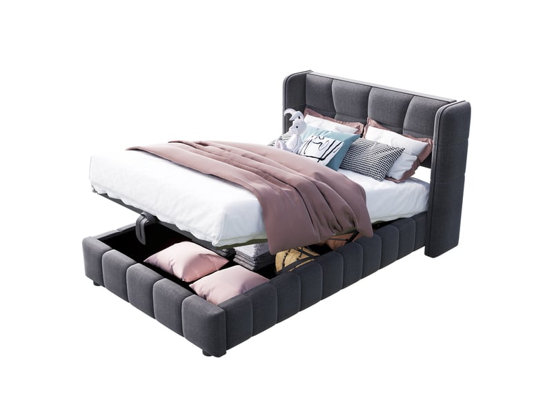 Lit coffre 90 x 200 cm avec rangement pneumatique, tête de lit capitonnée, sommier à lattes, lin gris - Conforama A