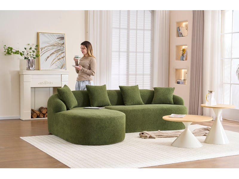 Canapé d’angle 3 places avec chaise longue gauche en chenille vert 243x150 cm - Conforama D