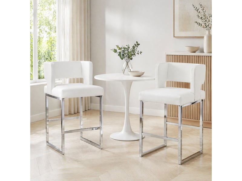  Tabouret de bar lot de 2 avec assise rembourrée carrée et structure stable, en métal et simili cuir blanc argenté  - Conforama B