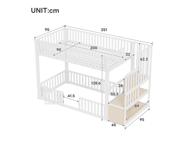  Lit superposé 90 x 200 cm, escalier avec rangement, éclairage led, blanc Bliss Lite - Conforama C
