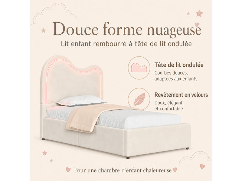 Lit enfant 90x200 cm, lit coffre hydraulique, sommier à lattes, tête de lit rembourrée, velours, beige - Conforama D