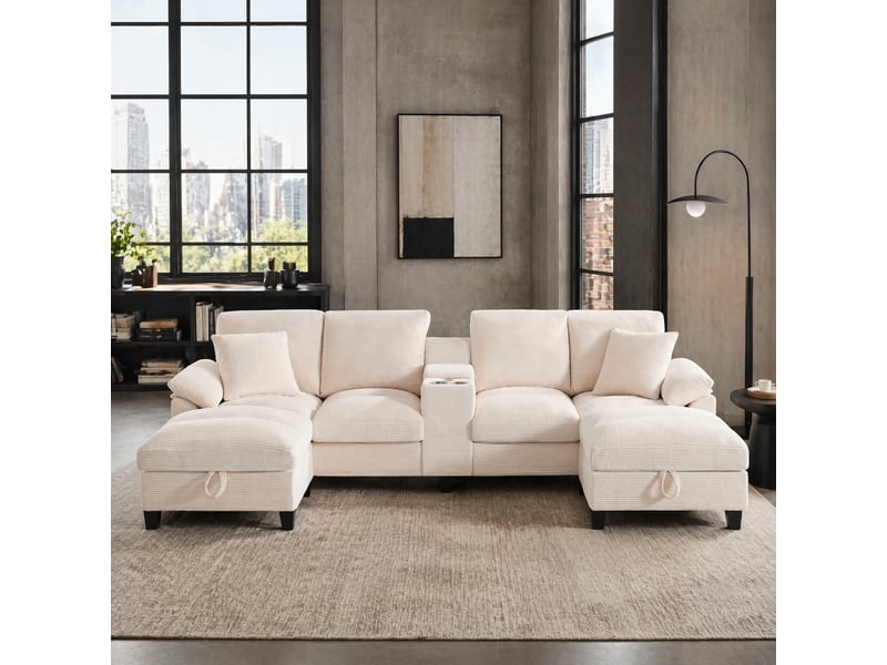 Canapé modulable en u modenvie 4 places avec rangement, usb et porte-gobelets en acier inoxydable, velours côtelé beige 293 x 142 x 93 cm - Conforama B