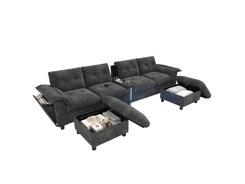  Canapé d’angle modulable 6 places 312 x 142 x 82 cm avec 2 poufs de rangement, console centrale, usb-c, led et rangements, chenille, gris OMNIGLINT TRADING LTD - Conforama A