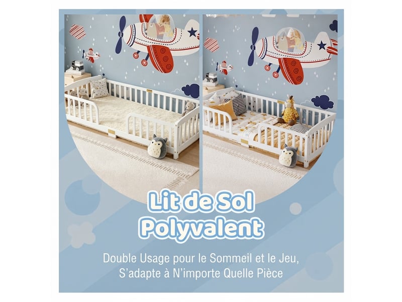  Lit au sol 90x200 cm enfant avec barrière de sécurité - bois de pin massif blanc  - Conforama D