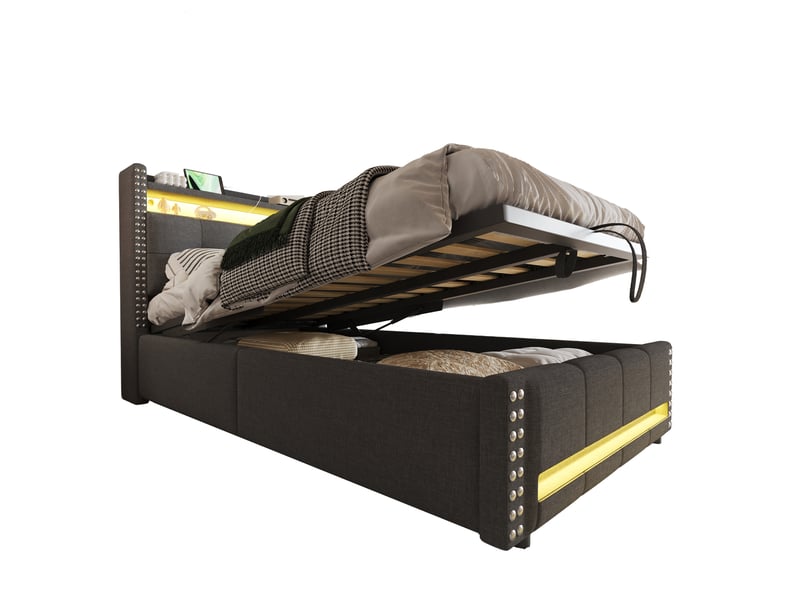 Lit coffre enfant 200×90 cm avec rangement hydraulique, led et port usb, revêtement en lin gris - Conforama A