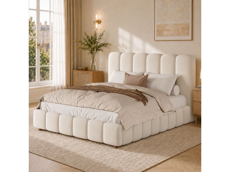 Lit coffre hydraulique 140x190 cm lit double en velours, tête de lit rembourrée, grand rangement, sommier à lattes, beige - Conforama B