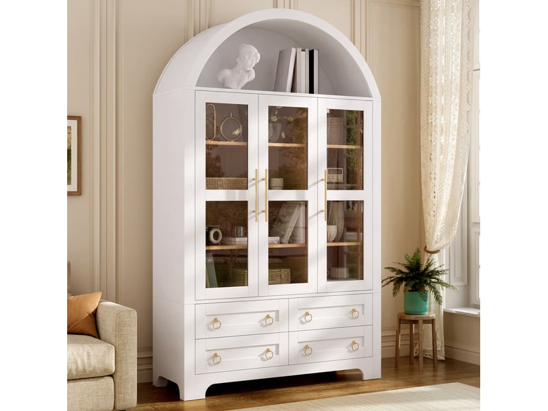 Buffet haut ulevr de rangement 110 x 40 x 185 cm, 3 portes vitrées, 4 tiroirs, niche ouverte en arche, mdf et panneaux de particules blanc  - Conforama D