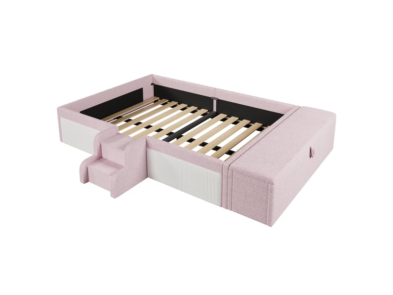  Lit rembourré en tissu velours, 140 x 190 cm, petit escalier, banc de lit avec coffre de rangement, sans matelas, rose  - Conforama A