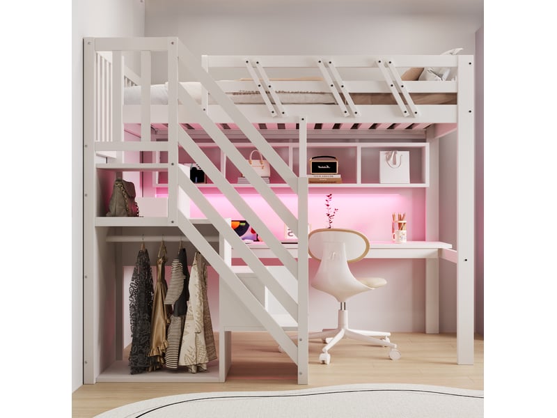  Elvmi lit mezzanine 90x200 cm en bois blanc avec bureau intégré, escalier de rangement, étagères, éclairage led et prises intégrées pour chambre enfant ou ado  - Conforama E