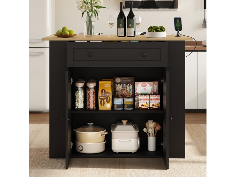 Îlot de cuisine extensible 120x4775x97 cm, 2 portes, tiroir, rangements latéraux, prises usb, mdf et panneau de particules, noir - Conforama D