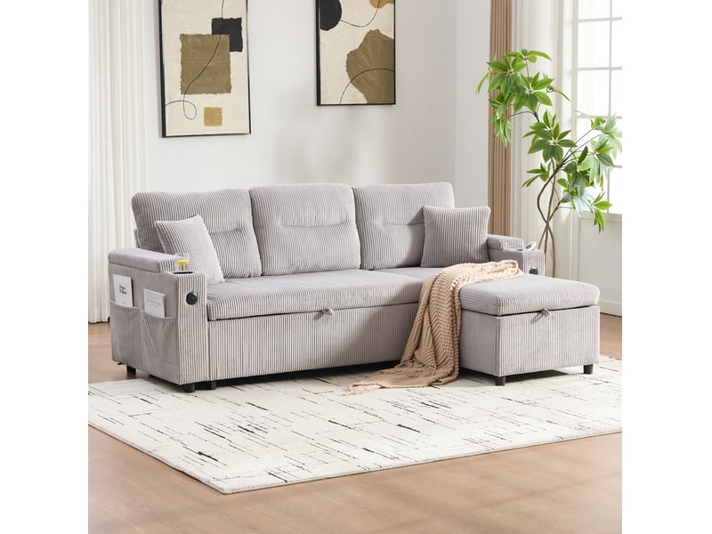  Canapé 3 places 212,5x136x86cm, velours côtelé gris clair, espace de rangement, porte-verres et ports usb-c, confortable et tendre  - Conforama E