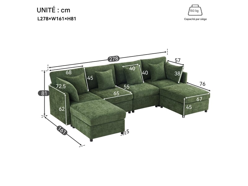  Canapé modulable en tissu chenille avec 2 poufs et 6 coussins vert N653P97714123Q - Conforama C