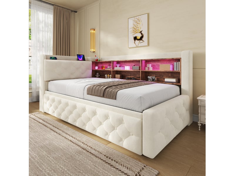  Lit simple 90x190 cm convertible avec rangement en velours beige  - Conforama B