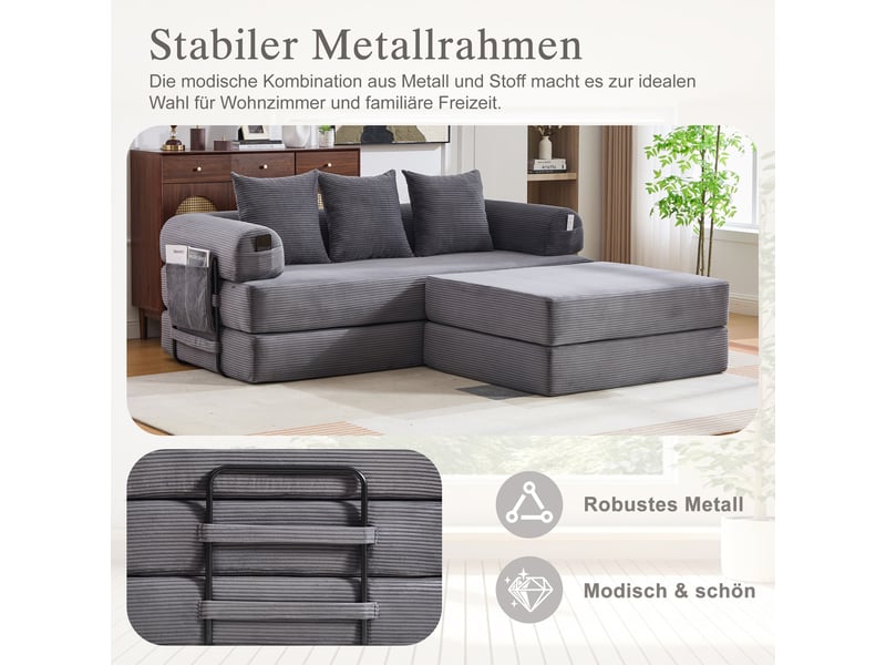 Canapé d'angle convertible modulable en velours côtelé gris foncé avec hocker et 3 coussins  - Conforama E