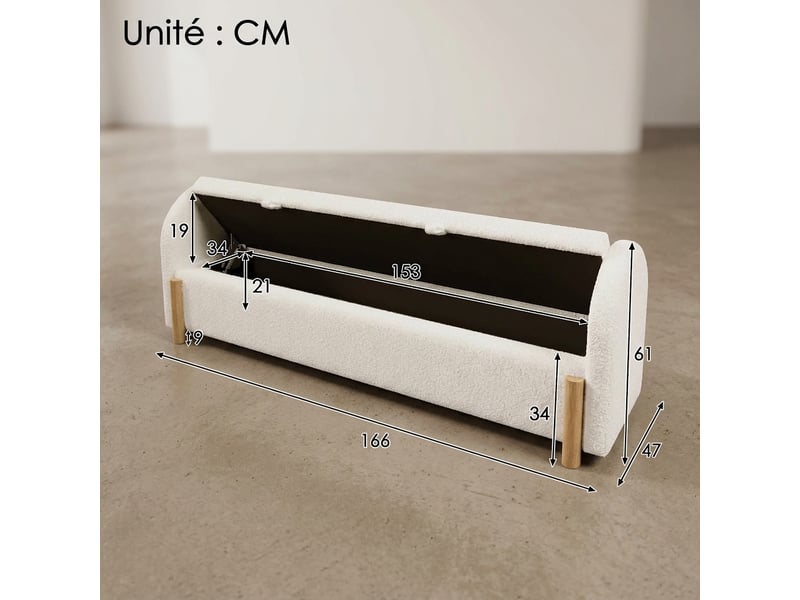  Banc de lit blanc 166 cm avec rangement, tissu bouclette et pieds en bois  - Conforama C