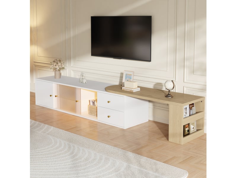  Meuble tv extensible 175 x 40 x 38 cm avec led rgb, 2 tiroirs, blanc et bois  - Conforama E