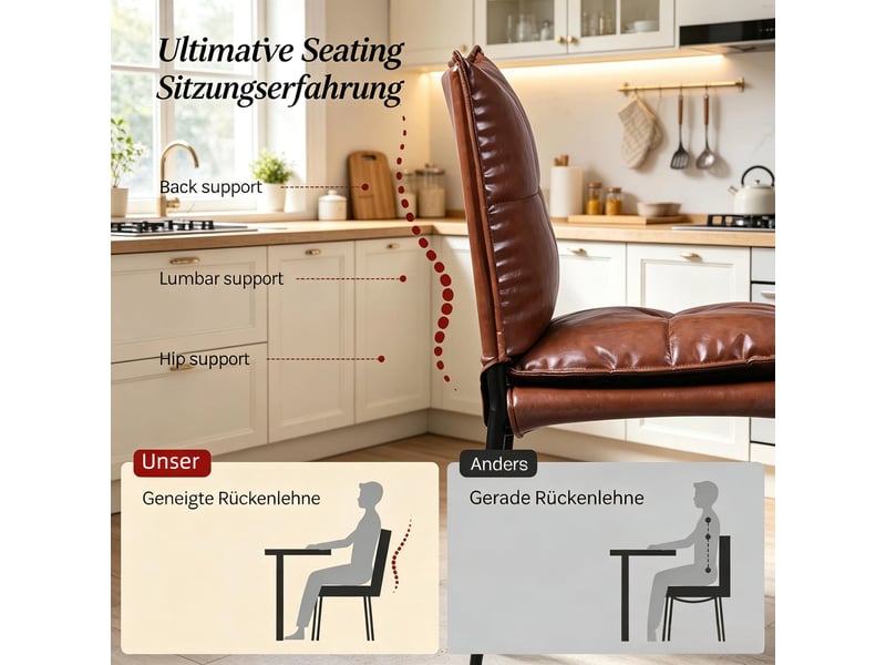  Chaises de salle à manger lot de 4 dossier ergonomique  - pieds antidérapants simili cuir noir et brun  - Conforama E