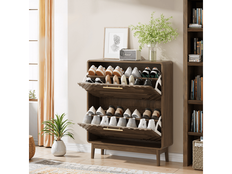  Meuble à chaussures noyer 80 cm, style mid-century, 2 tiroirs basculants avec rangement entrée  - Conforama D