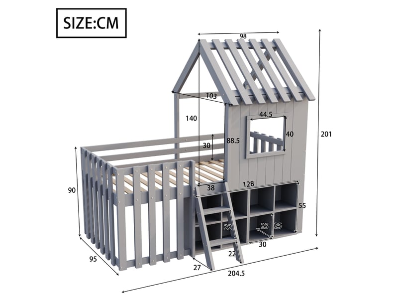  Modenvie lit cabane enfant 90x200 cm - avec rangement modulable, toit et fenetres, sans matelas - gris  - Conforama C