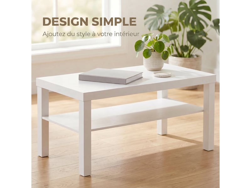 Table basse de salon, table d'appoint rectangulaire à 2 niveaux avec étagère de rangement, blanc, 90x45x44,5cm  - Conforama R