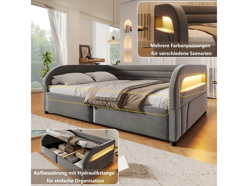  Lit coffre double 140×200 cm avec led rgb et rangement hydraulique - okmyhome- tissu gris, matelas non précisé  - Conforama E