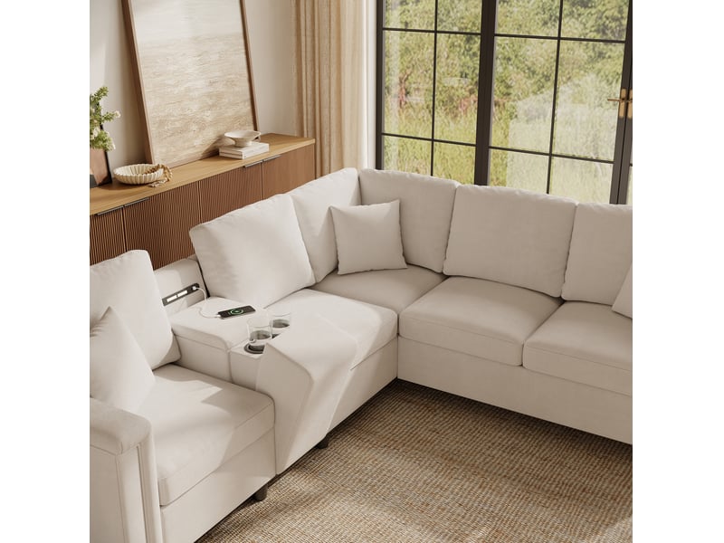  Canapé d'angle de salon 5 places 235 x 208 x 83 cm avec rangement, porte-gobelets, ports usb et type-c, coloris beige  - Conforama E