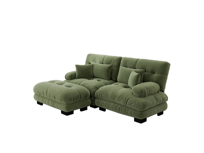  Canapé d'angle modulable ulevr 2 places avec ottoman mobile, chenille vintage verte, 220 x 145 x 81 cm, 2 coussins lombaires et 2 décoratifs  - Conforama A