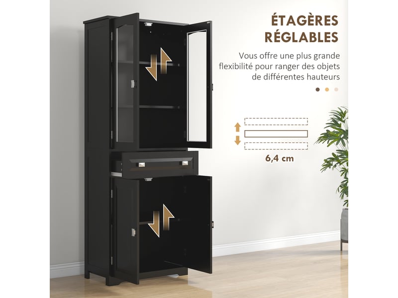  Buffet haut armoire de cuisine 4 portes dont 2 portes vitrées et 1 hauteur tiroir 160 cm avec étagères en bois noir  - Conforama E