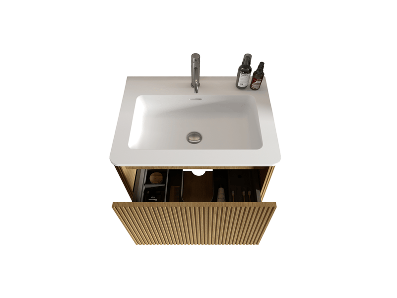  Meuble sous vasque avec tiroirs et rainures verticales, suspendu, en mdf, chêne, 73,5×55×47 cm  - Conforama C