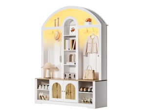 Vestiaire d'entrée, meuble de rangement avec porte-manteau et étagère à chaussures, mdf style scandinave 150x40x195 cm avec ruban led, blanc et bois