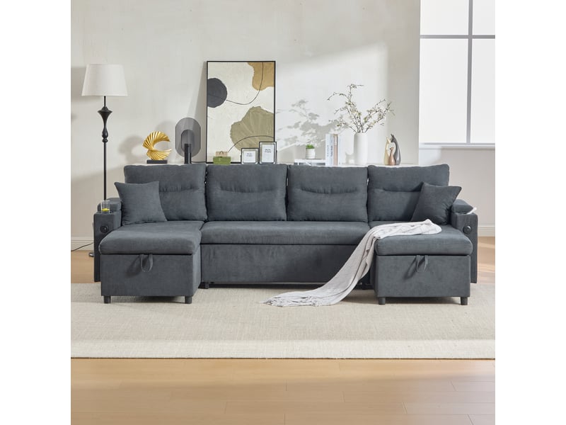  Canapé d’angle 4 places convertible double méridienne, rangement intégré, porte-gobelets, usb-c, couchage d’appoint, tissu lin gris foncé  - Conforama B