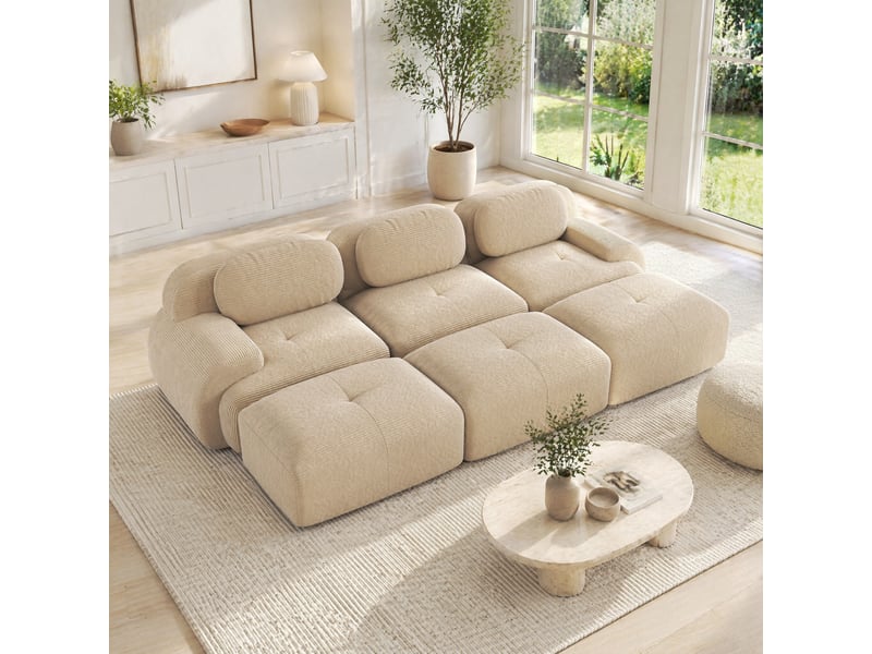  Canapé modulable 3 places ulevr avec 3 poufs, velours côtelé beige, mousse 32d, sans cadre, 298 x 178 x 70 cm  - Conforama D