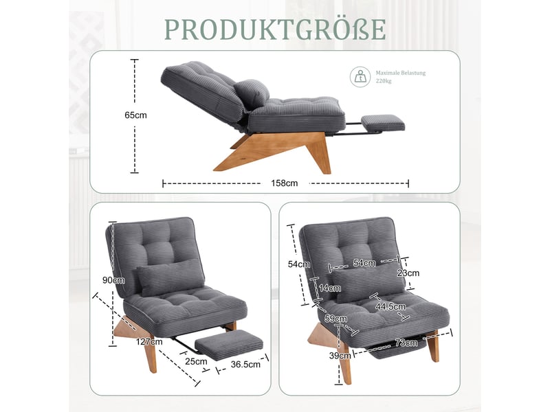  Fauteuil de salon 127x73x90cm – pas d'accoudoirs - avec repose-pieds rétractable, dossier inclinable et coussin lombaire – velours côtelé - gris  - Conforama C